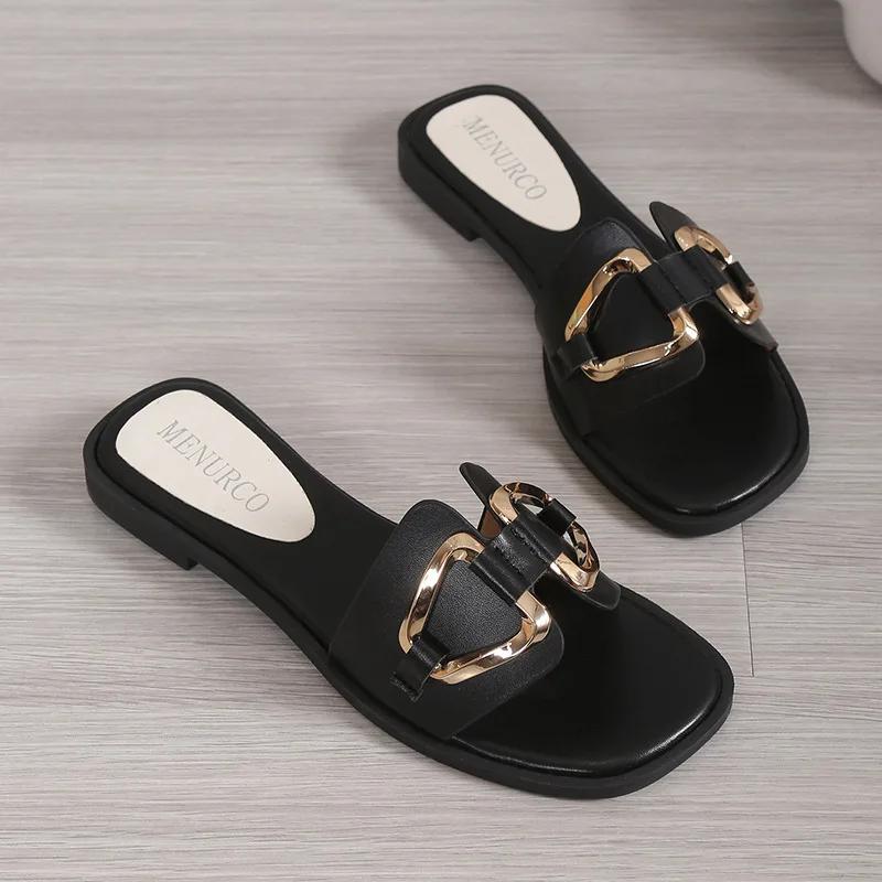 Fashion Luxury Women Slippers Buckle Design Small Incense Style Casual Wome's Flat Sandals External Wear Summer Sandy Beach Woman Slides