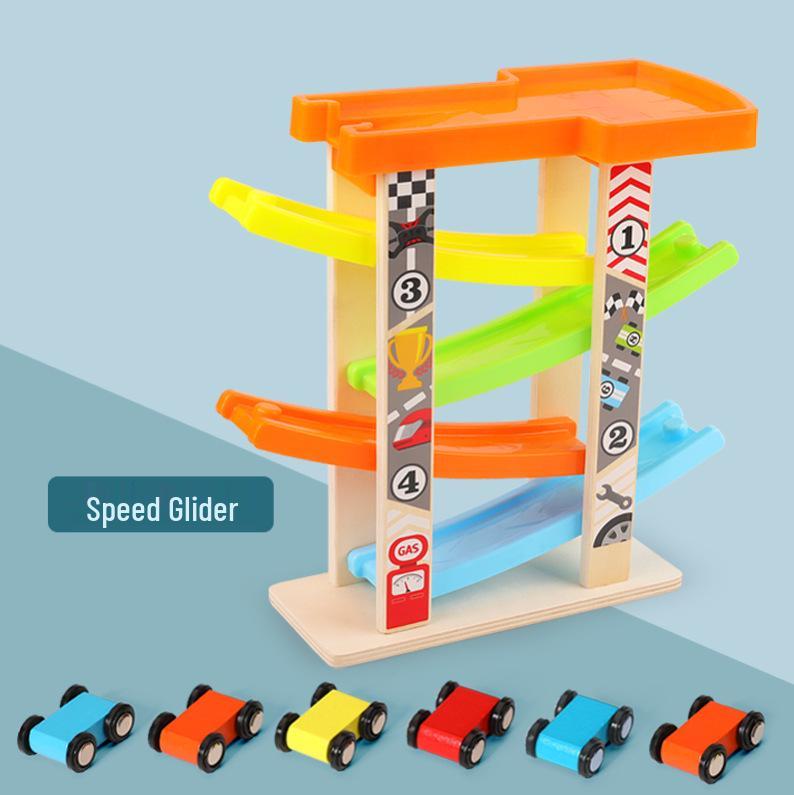 Children's Wooden Multi-Layer Racing Track Toy with Inertial Glider Cars