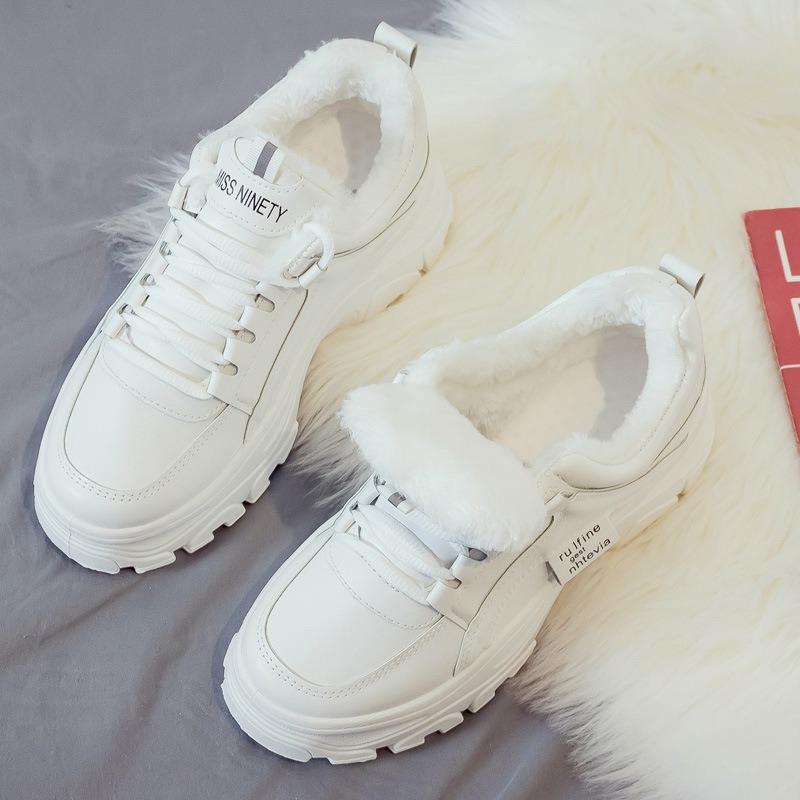 Fleece și mai groase, calde, pentru femei, versatili de iarnă, pantofi sport noi, pantofi de bumbac albi mici cu tălpi groase mai înalte