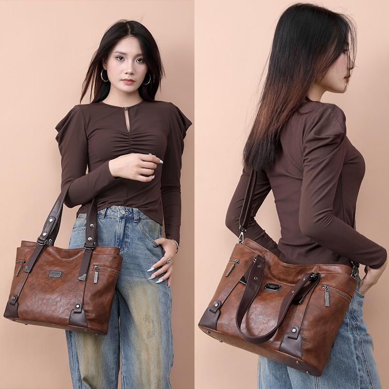 Fashion Retro Women's Leather Bag Soft Portable One-shoulder Messenger Tote Bag Large-capacity Women's Bag