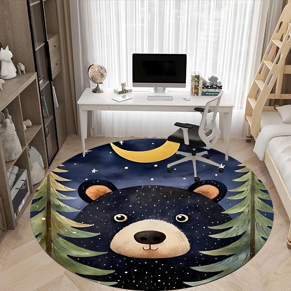 1pc Bear Night Office Round Area Rug, Indoor Mat Suitable ForOffice, Under Office Chairs Bedroom Living Room Home Decor, Room Deco T076