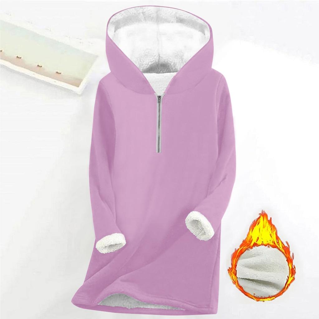 Fashionable women's fleece hooded solid color zipper long-sleeved top
