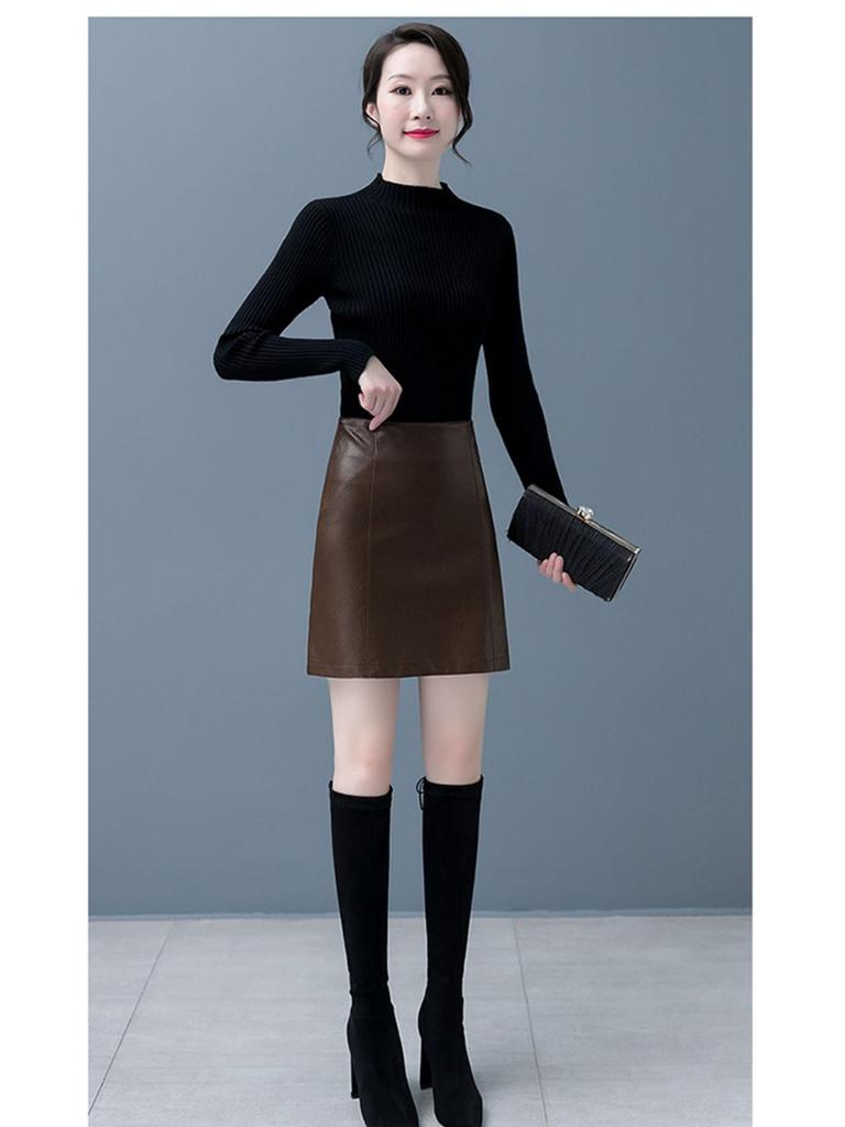 2025 New Coffee-Colored Women's Petite Leather Half-Skirt – Autumn/Winter Slimming Hip-Hugging Short Skirt for Commuting