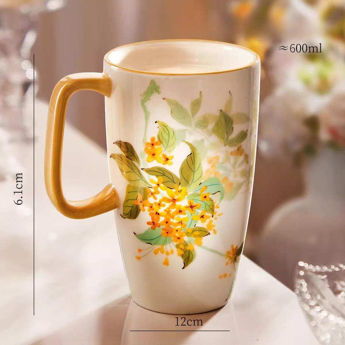 

600ml Coffee Ceramic Mug with Lid Floral Mug Large-capacity Porcelain Tea Cup with Handle,for Home and Office, 1pc osmanthus