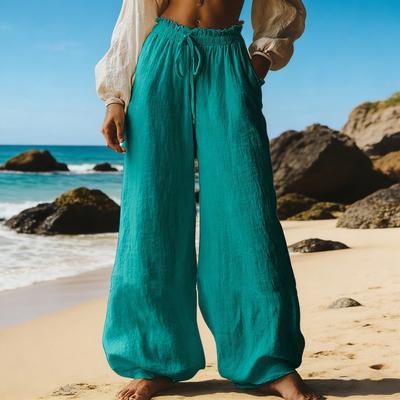 Women Pants High Waist Wide Leg Loose Fit Drawstring Elastic Waist Bohemian Style Long Trousers with Pockets Casual Summer Trousers