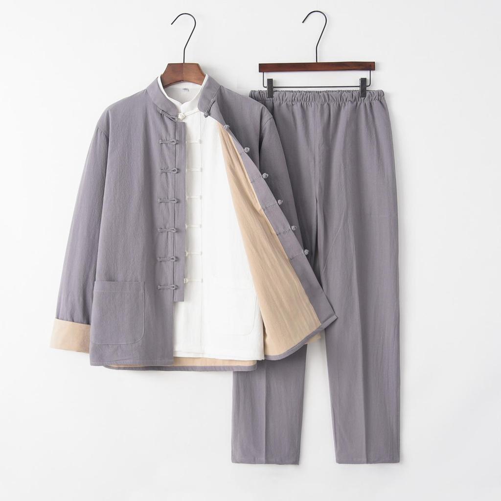 Men's Chinese Tang Suit: Cotton Linen Three-Piece Set with Stand Collar - Zen Meditation Outfit for Spring and Autumn