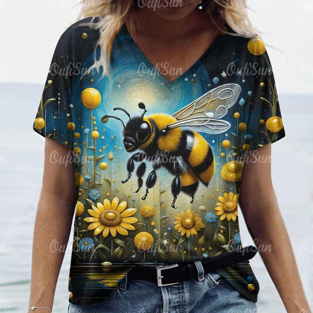 Women's Retro Bee Print T-Shirt Nature Landscape V-Neck Top Short Sleeve Sweater Loose Daily Casual Design Clothing