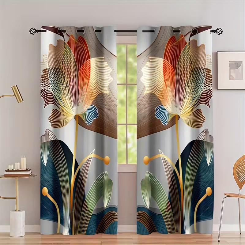 

2 Pcs Golden line butterfly print curtains,suitable for bedroom,living room kitchen decoration,home decoration,window decoration 14Wx39L(35x100CM)x2&Grommet Top