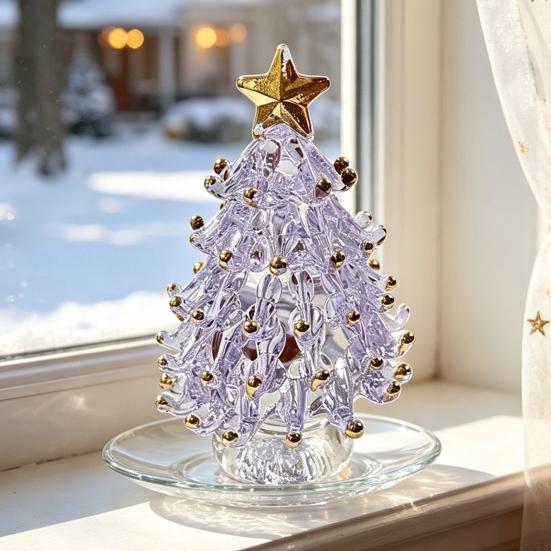 Decorative Glass Sculpture Glazed Christmas Tree Ornament with Star Topper, Colorful Party Table Decor Art, Faux Crystal Tabletop for Home Office Gift