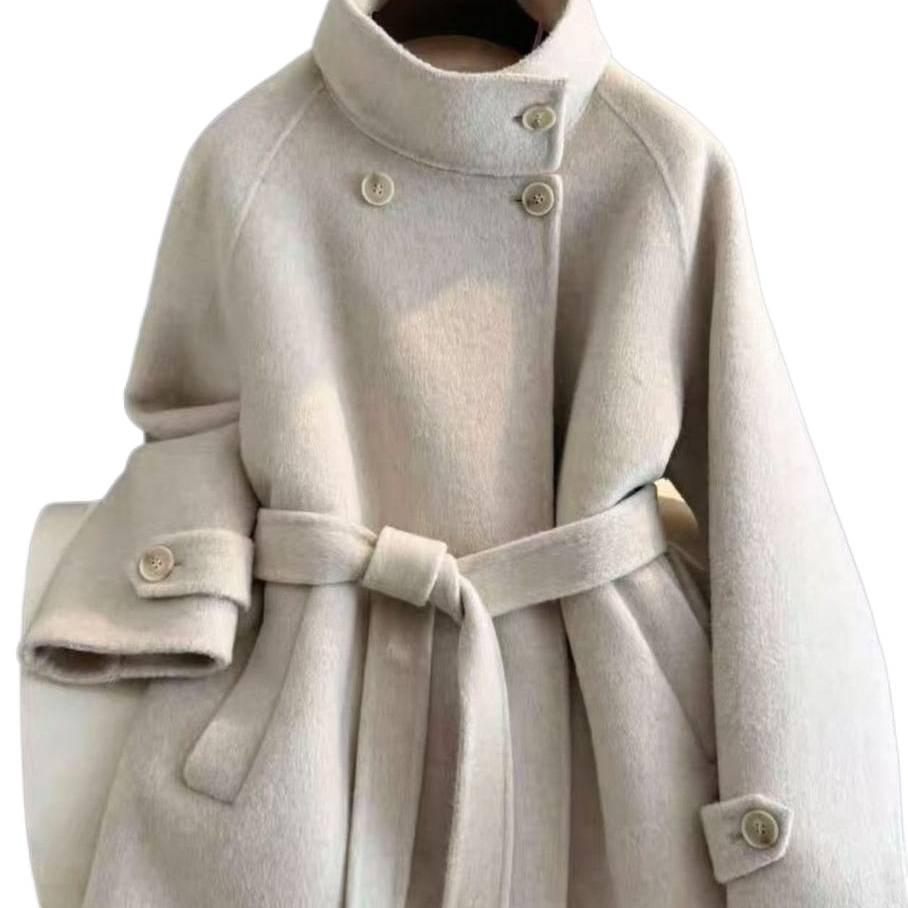 Women's Double-Sided Wool Coat: 2025 Autumn/Winter Korean Style, Belted, Elegant, Loose Fit, Stand Collar, Petite Size.
