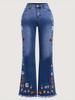 European & Korean Style Women's Plus Size Embroidered Micro-Flare Washed Denim Jeans