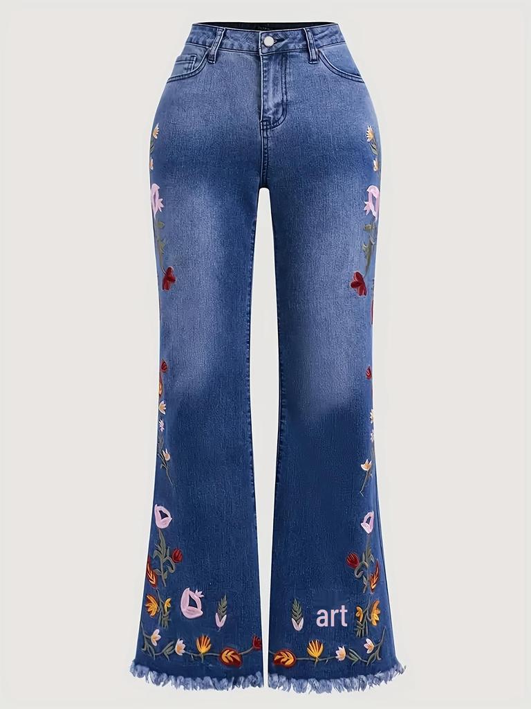 European & Korean Style Women's Plus Size Embroidered Micro-Flare Washed Denim Jeans