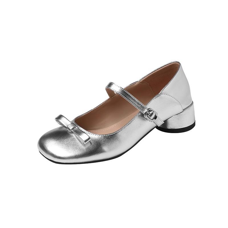 Spot version~ Soft leather bow silver light mouth single shoes women's 2025 new one-word buckle French retro Mary Jane