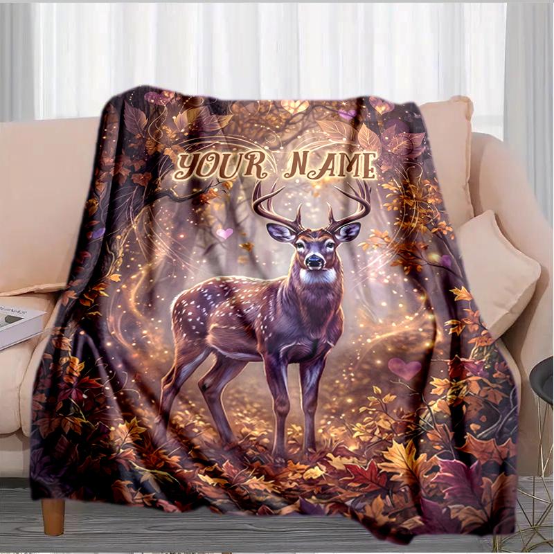 1PC Custom Name Autumnal Deer Fantasy blanket versatile,all-season throw suitable for the living room,bedroom,camping,travel,and gift
