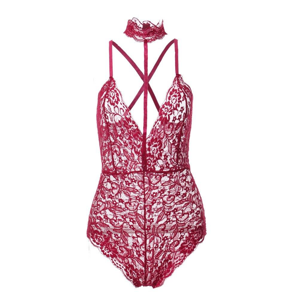 Sexy Woman Underwear Black Floral Lace Sleepwear Choker V-Neck Bodysuit Playsuits Female Costumes Sexy Lingerie Set