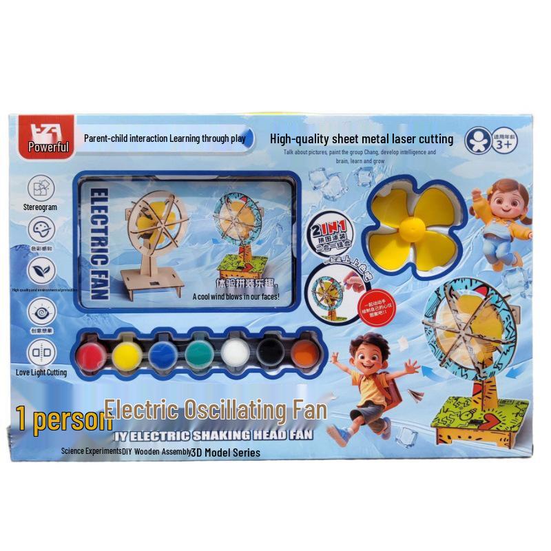 Handmade DIY Electric Shaking Head Fan: Children's Educational 3D Wooden Coloring Toy and Model Kit Set.