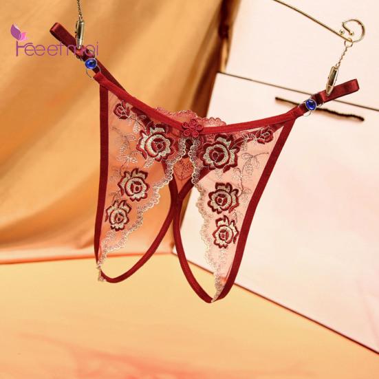 Women Panties Crotch Adjustable Strap Hollow Out Slutty Thin Open Stretchy See-through Lace Flower Embroidery