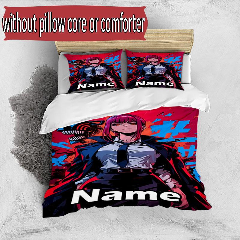3pcs Duvet Cover Set (1*Duvet Cover + 2*Pillowcase, Without Core), Custom Name Makima Chainsaw Man Pattern Bedding Set, Home Bedroom Decor Gift