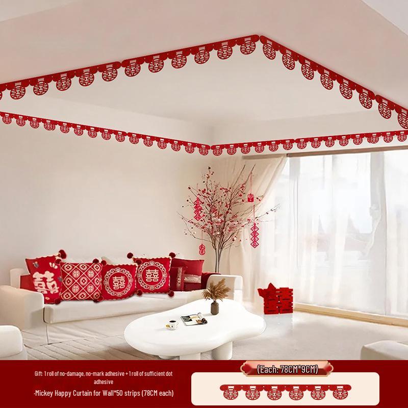 Wedding Room Decoration Set: Double Happiness Ceiling and Groom's Arrangement