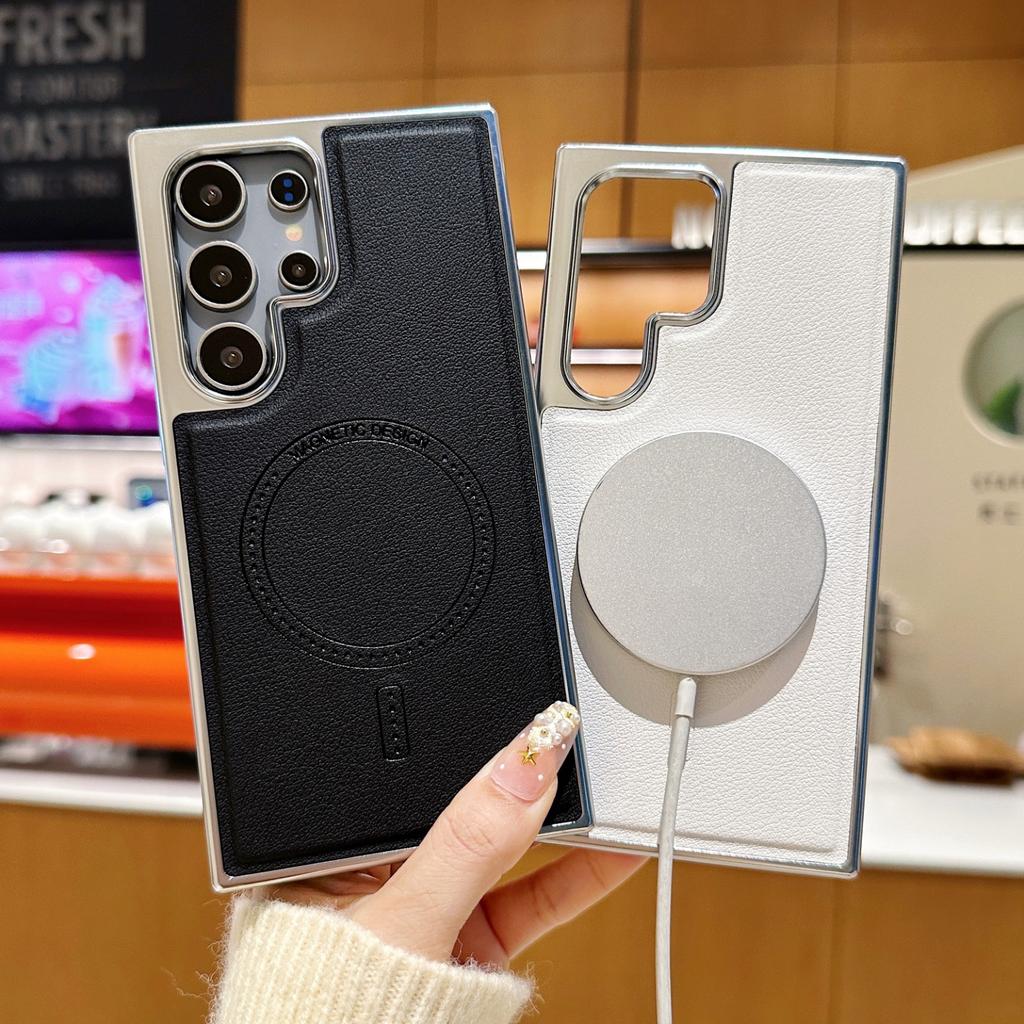 Samsung S25 Ultra Electroplated Leather Pattern Magnetic Suction Phone Case Samsung S24 Ultra Anti Fall and Anti Slip Skin Feeling Shell