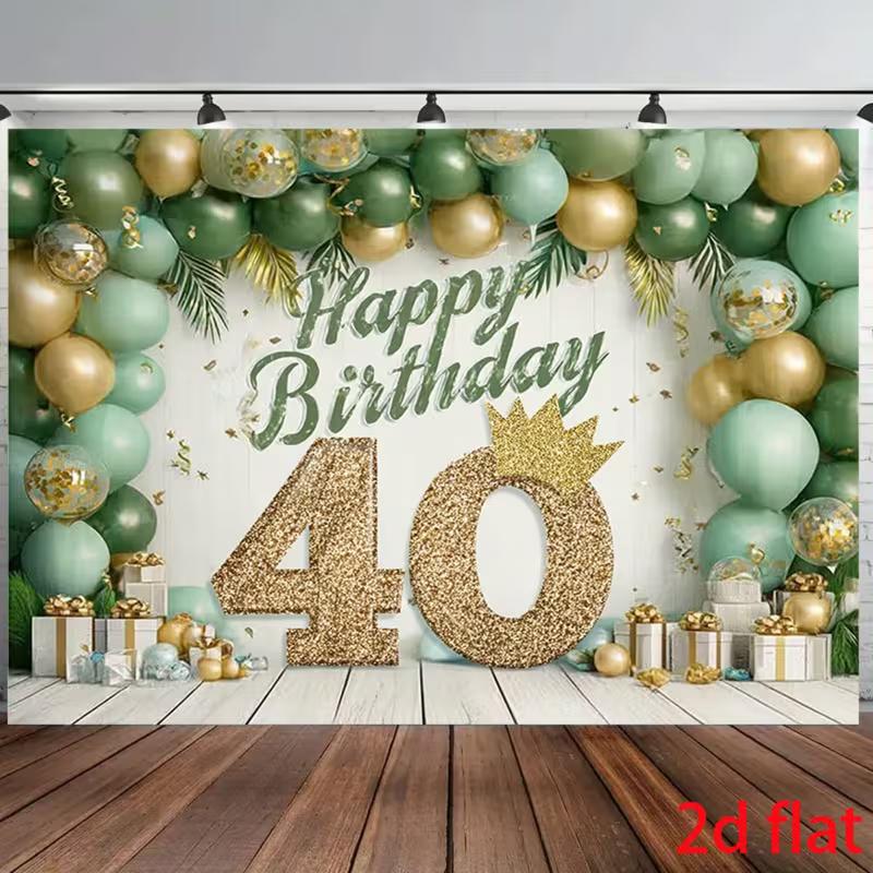 2D Flat Print Green Gold 40th Birthday Backdrop for Party Photo Booth