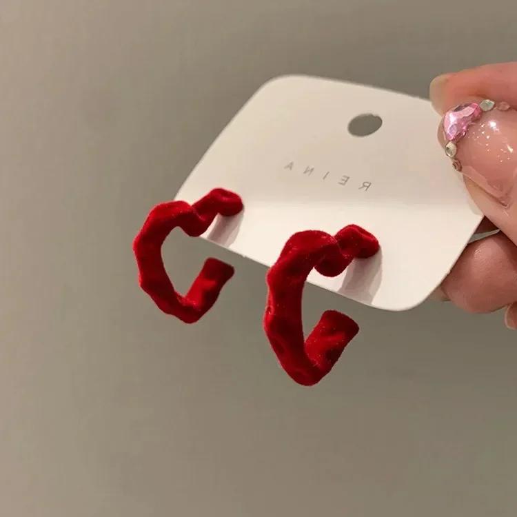 French Red Velvet Heart Shaped Hoop Earrings Hollow Open Love Statement Jewelry For Women Girls Daily Wear