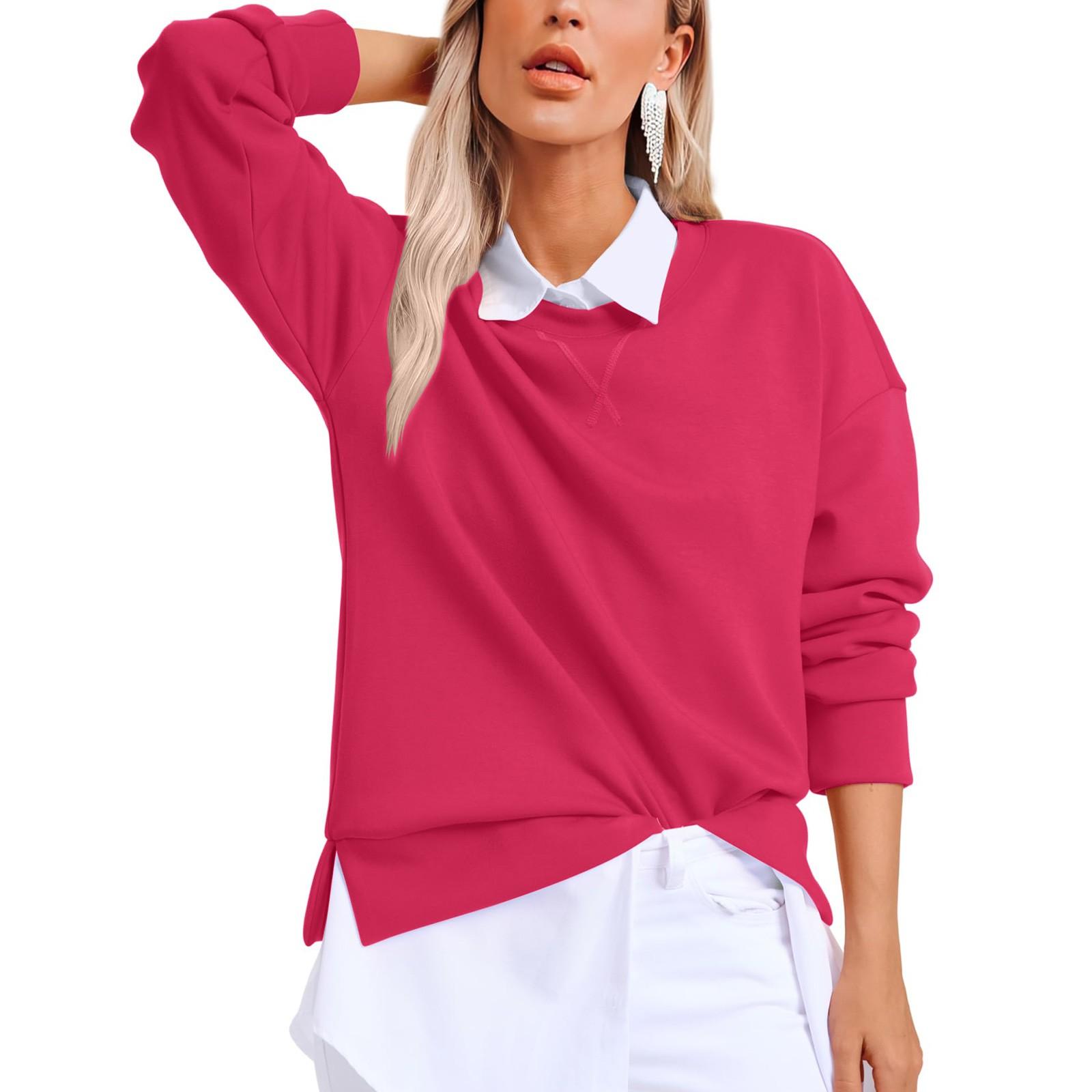 

Women s Fashion Solid Color V-Neck Side Split Round Neck Pullover Long Sleeve Top Sweatshirt M