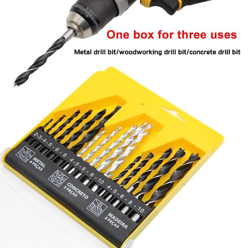 Construction Drill Three Point Woodwork Drill 16pc Mix Straight Handle Bit Plastic Wood Metal Twist Drill Locate Tool Accessory