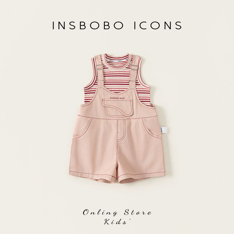 Insbobo Girls  Summer Outfit Thin Style Baby Girl Early Summer Outfit Children s Overalls Two-Piece Set Stylish Children s Clothing Trendy Pink Stripes 80 cm