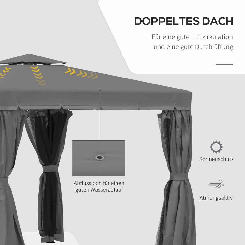 3x3(m) Tettoia Gazebo da Giardino Padiglione Tenda Riparo Tenda da Fiera con Tetto Impermeabile a 2 Livelli, Zanzariera e Tende, Struttura in Alluminio