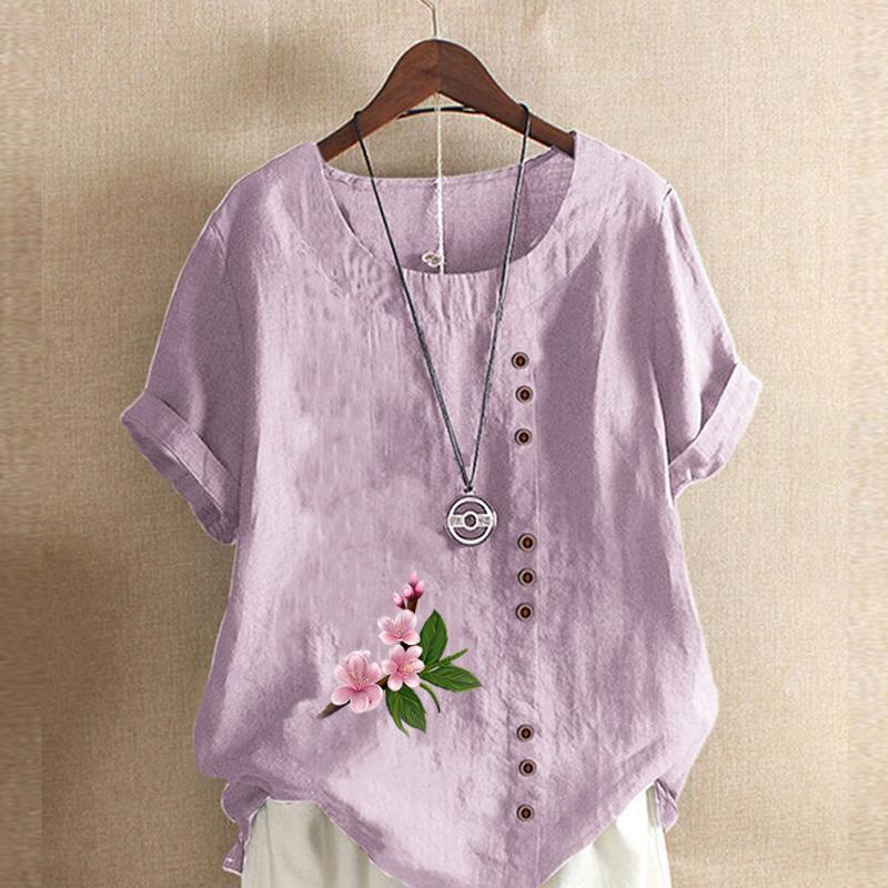 Women's Fashion Round Neck Short Sleeve T-shirt Casual Cotton Linen Graphic Shirt Leisure Loose Flowers Prined Summer Blouse Tops