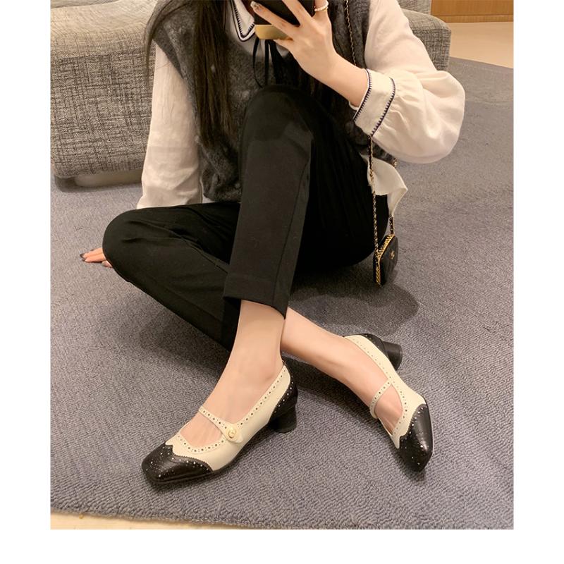 

Hollow Carved Square Toe Shallow Mouth Color Matching High Heels Mary Jane Shoes Women s Genuine Leather Spring and Autumn