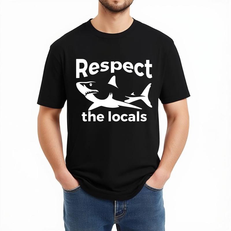 Mens Tshirt Cotton Shirt Unisex Summer Unisex T Shirt Respect The Locals Shark Design Short Sleeve Workout Round Neck Tops