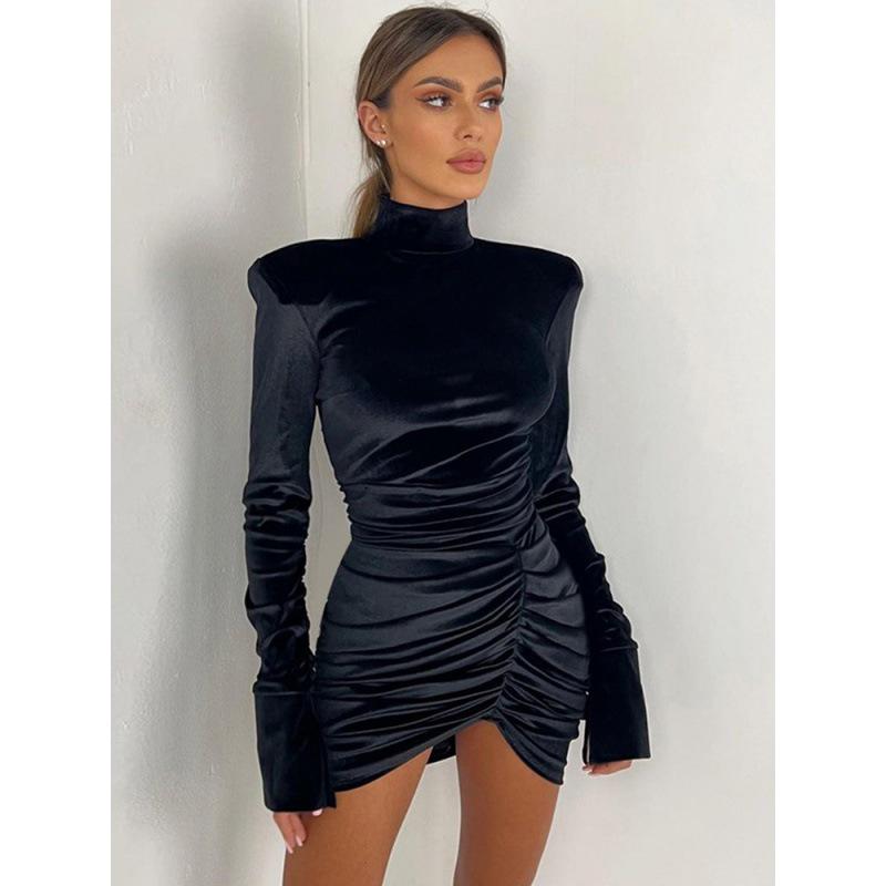 

Бархатное вечернее платье: Женский полувысокий воротник, длинный рукав, подплечники, плиссированная талия Medium