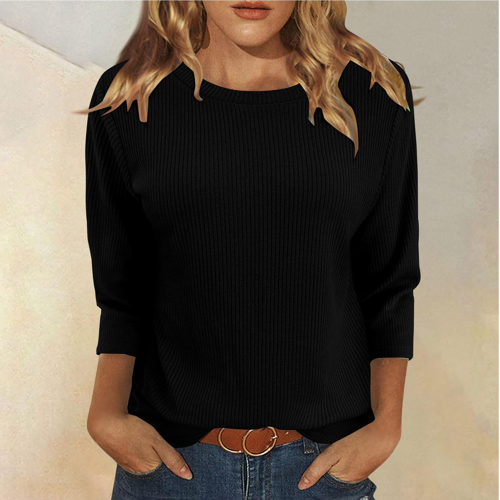 

Женская модная и зимняя повседневная футболка с круглым вырезом и рубчиком, однотонная, с рукавом три четверти, женская одежда L чёрный