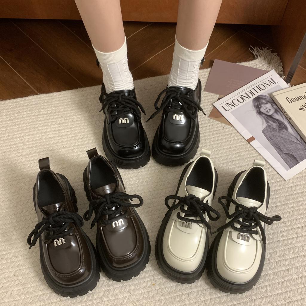 Size 35-43, Large Size Women's Shoes 41 Wide Fat Feet British Style Platform Small Leather Shoes Women's Lace-up Heightening Loafers 42