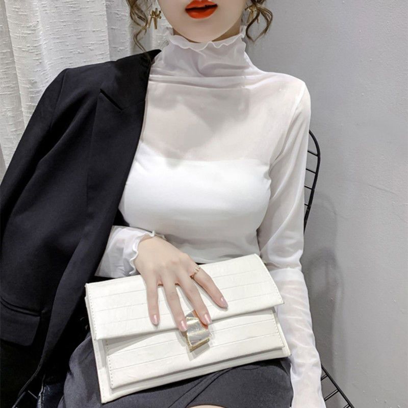 High Neck Mesh Base Shirt Women's Inner Outfit Stylish Gauze Shirt Plus Size Black Pile Collar Lace Shirt Top