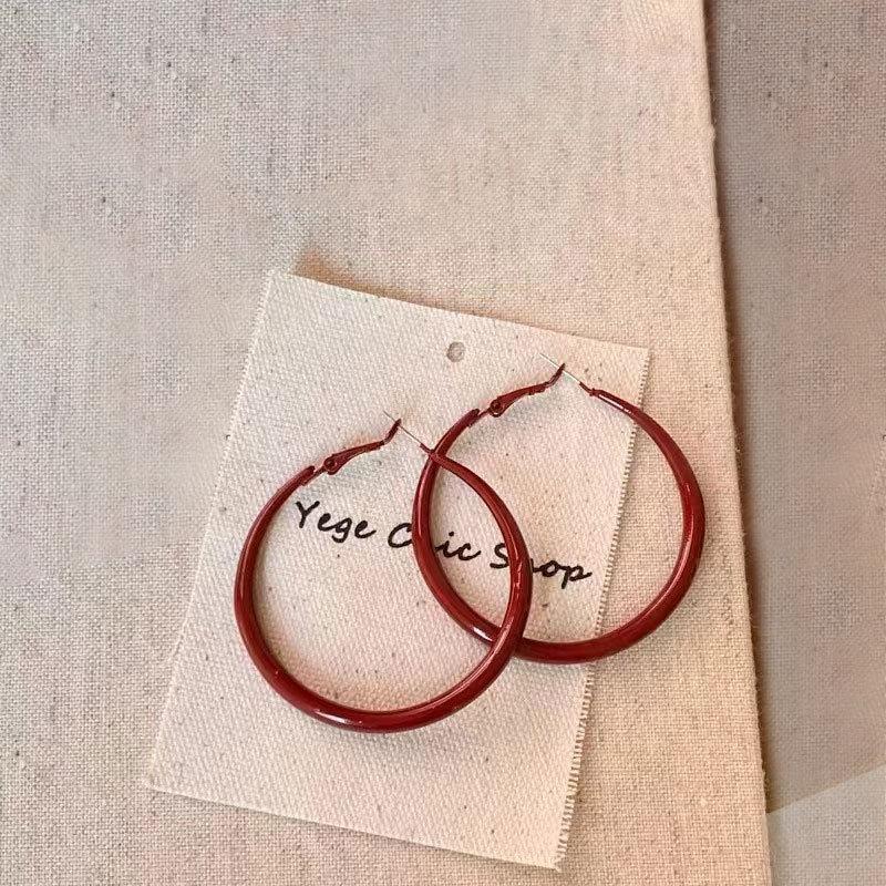 Ankola Red Circle Ear Buckle Retro Hong Kong Style Red Drop Glaze Earrings Niche Simple Earrings