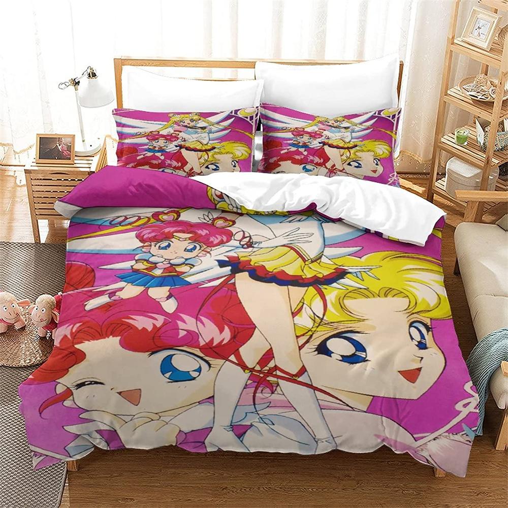 Kreslený S-Sailor-M-Moon Ložní set, Chlapecký a dívčí povlak na přikrývku, povlak na polštář, dárek, Domácí ložnicový quiltový set, Velký King 260x220cm