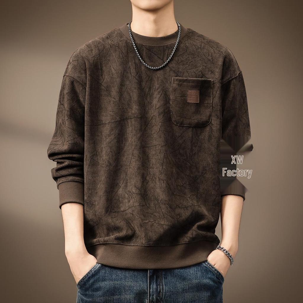 Men's Heavyweight Wool Hoodie - Spring/Autumn Round Neck, Loose Long Sleeve T-shirt, Printed Casual Base Layer