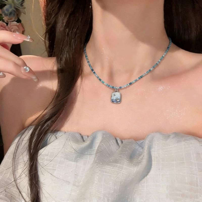 Unique Beach Style Beaded Necklace Blue Shell Pendant Detail Clavicle Chain Adjustable Length Neckchain