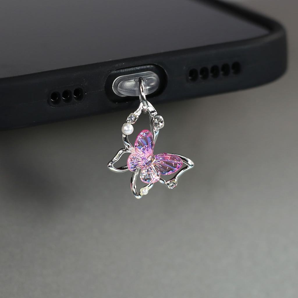 Mobile Phone Dust Plug Pendant New Butterfly With Artificial Pearls And Diamonds Accessory Decoration For IPhone Type-c Port