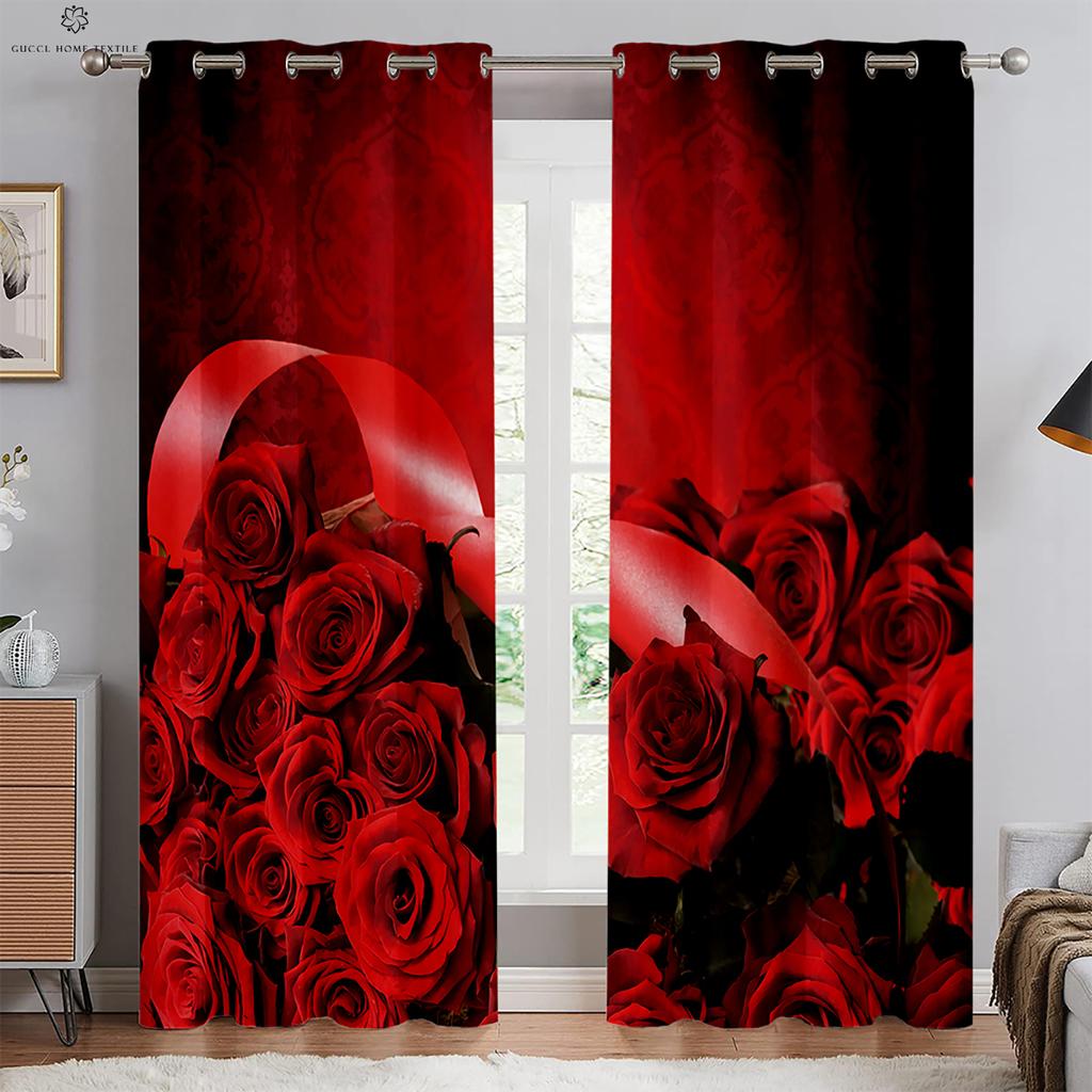 Red Rose Flower Curtains, Window Decoration, Retro Floral, 3D Printing, Custom, Bedroom, Living Room, Kitchen 2PCS
