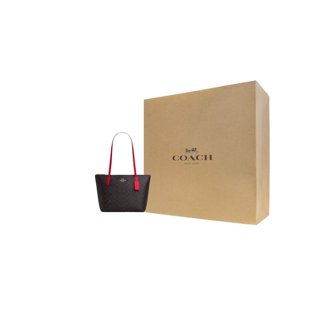 Coach 24 Brand Logo Zipper Closure Coated Canvas Tote Shopping Bag Shoulder Bag Medium Women tote Walnut CX611-IMXD0