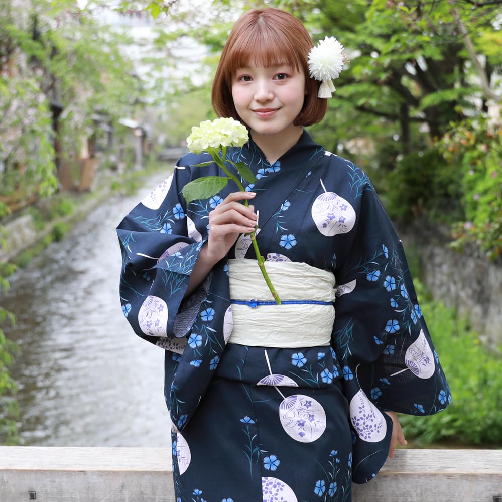 Separate Yukata for Large Separate Yukata with Heko Set Navy Blue with Uchiwa and Women, Adults, Size, Obi, 3-piece (LL-3L Size, 1. Nadeshiko)