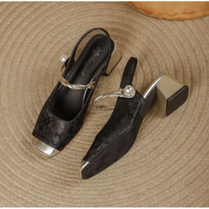 

Baotou sandals new summer shoes women s print thick heel pearl women s shoes medium heel champagne high heel sandals 35 чорний