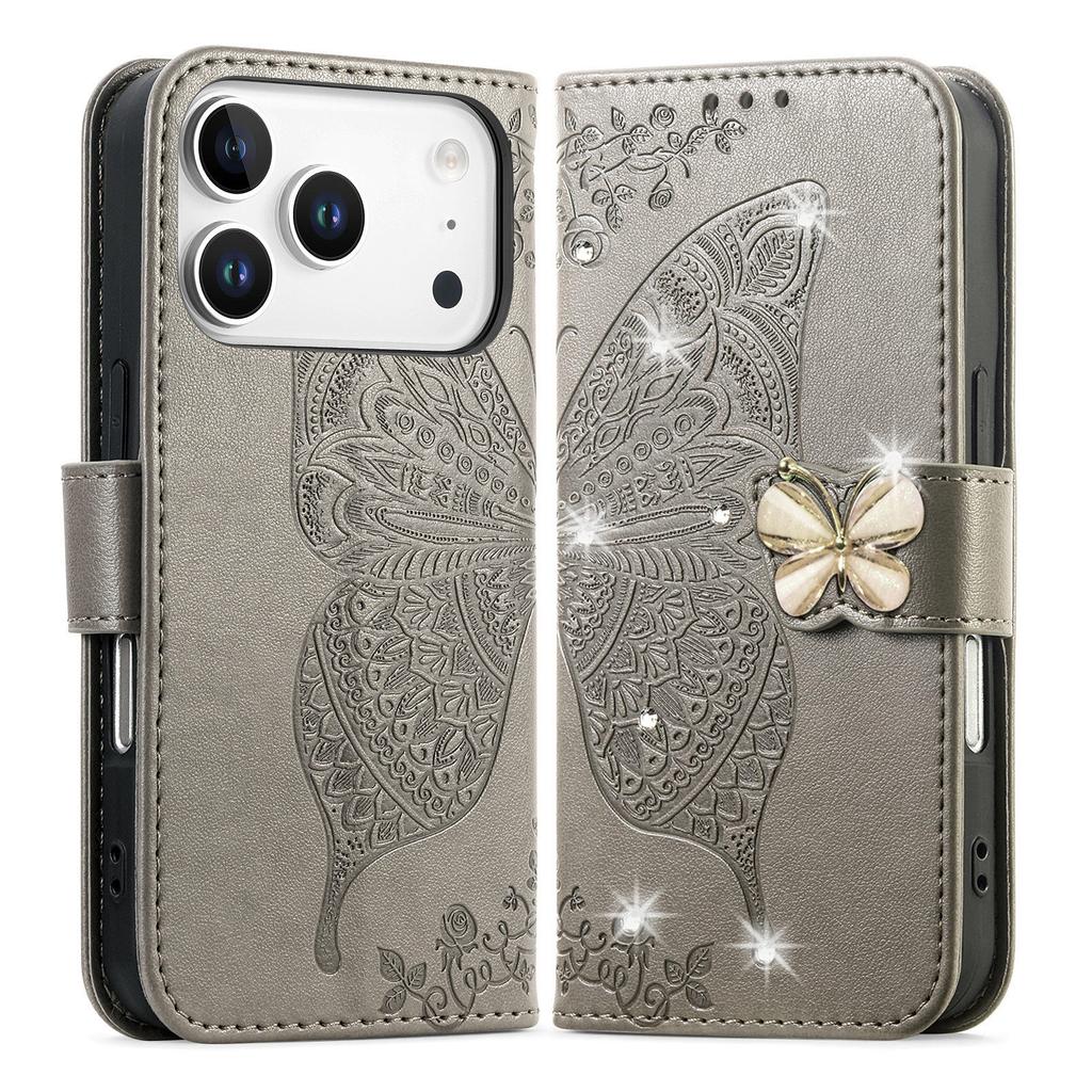 For iPhone 17 Pro Max Case 3D Rhinestone Decor Butterfly Flower Leather Phone Cover with Wrist Strap