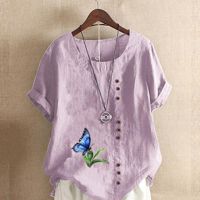 Women's Fashion Butterfly Prined Short Sleeve T-shirt Loose Cotton Shirt Casual Loose Summer Blouse Tops Plus Size