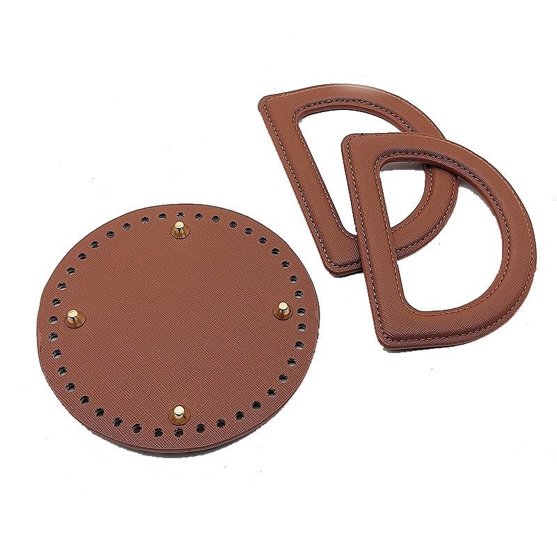 3Pcs/Set Handmade Bag Accessories, Same Color Leather D-Shaped Handle, Leather Bag Bottom, Yarn Weaving DIY Materials