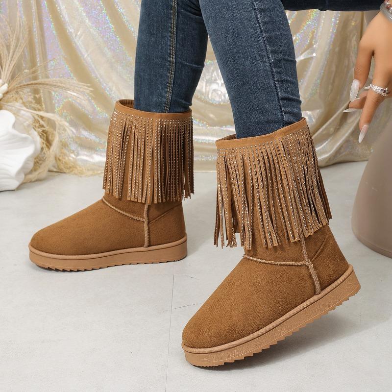 New round head tassel medium tube snow boots women's thick-soled sleeve warm and piled thickened cotton shoes